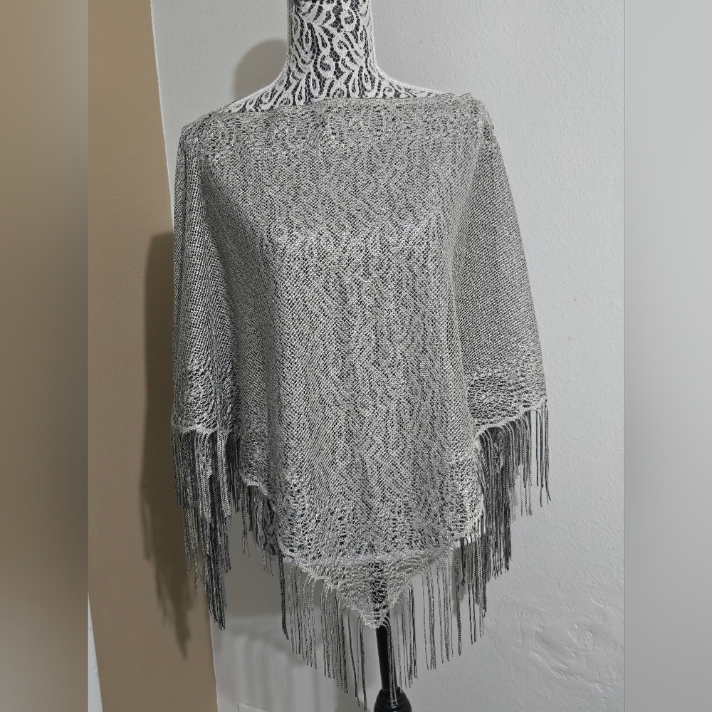 Cejon Silver Gray Open-Knit Fringe Poncho